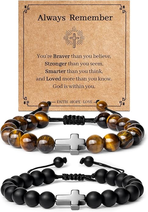 Romass 2Pcs Cross Bracelet for Men,Tiger Eye Beaded Bracelets 8MM Natural Stone Adjustable Jewelry Christian Easter Christmas Gifts Box
