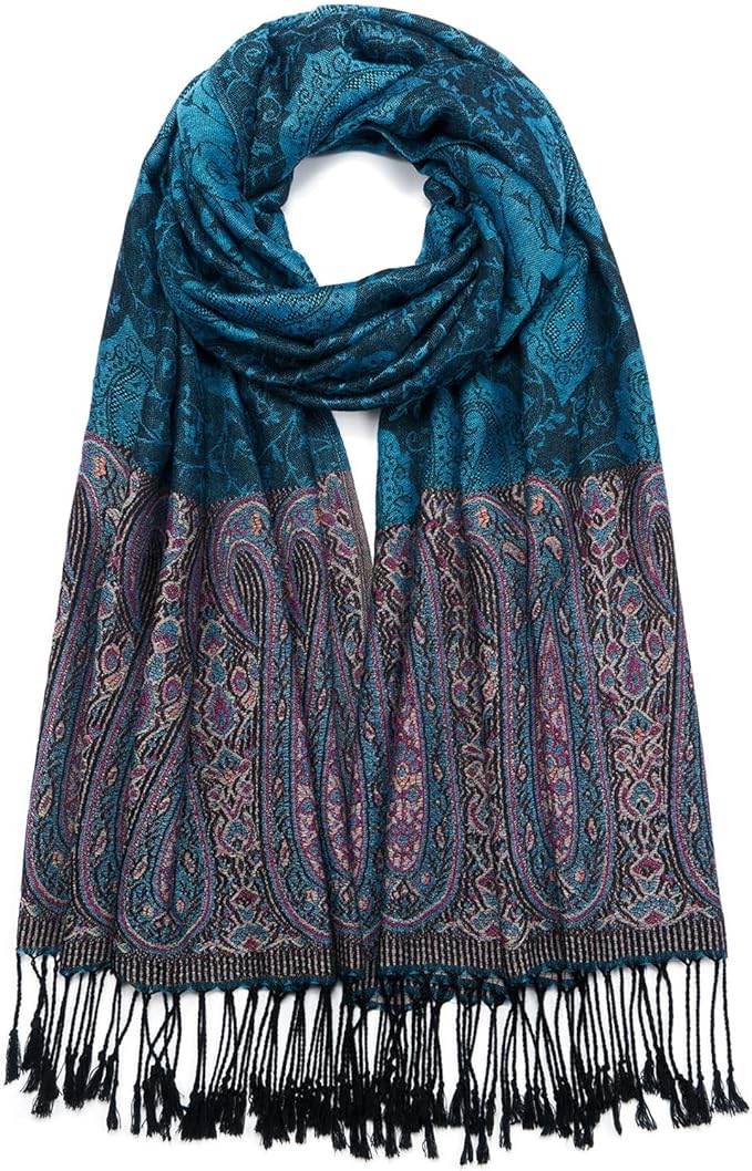 QIUTIMIY Paisley Pashmina Shawl Wrap Women Reversible Vintage Jacquard Pashmina Rave Scarf with Fringe for Evening, Wedding