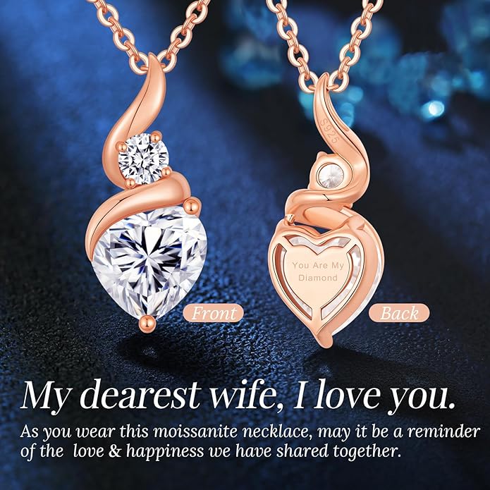 Moissanite Heart Pendant Necklaces for Women, 925 Sterling Silver Necklace with Birthstone, Ideal Anniversary Present or Birthday Christmas Valentine Mothers Day Jewelry Gifts for Mom Wife Her Girlfriend