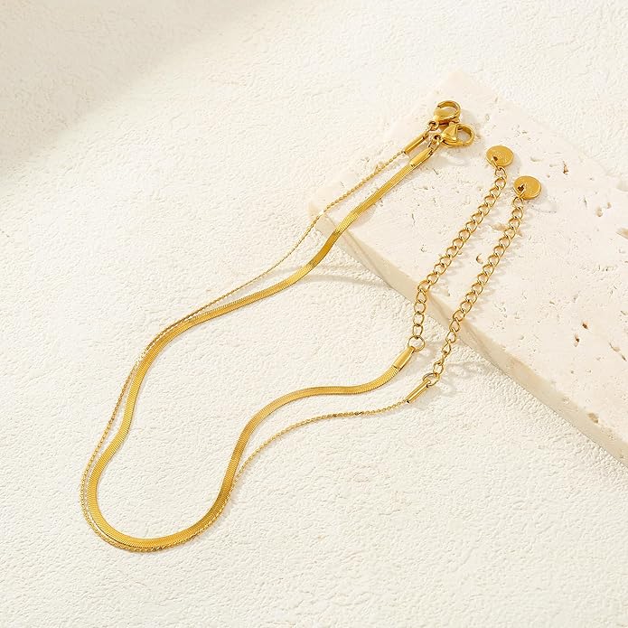Gold Plated Ankle Bracelets For Women Waterproof,18k Gold Plated Anklets Layered Thin Snake Chain Herringbone Anklets Non Tarnish Stainless Steel Dainty Summer Jewelry Set Gift For Women