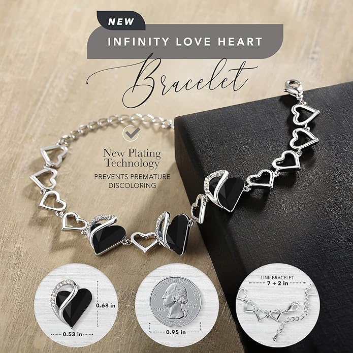 Leafael Infinity Love Heart Link Bracelets, Birthstone or Healing Stone Crystal Bracelet for Women, Silver Tone Jewelry Gifts for Her, 7-inch Chain and 2-inch Extender