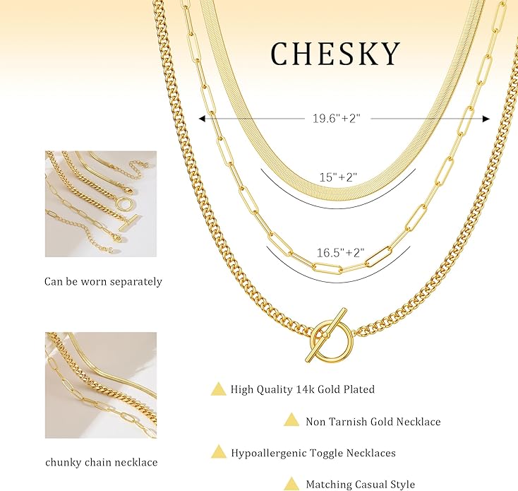 CHESKY 14K Gold Plated Layered Herringbone Necklaces for Women, Trendy Paperclip Snake Chain Necklace Cuban Link Simple Chunky Toggle Clasp Necklace Set Fashion Jewelry