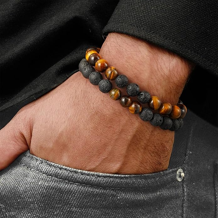 M MOOHAM Natural Stone Bracelets for Men - 8mm Tiger Eye, Matte Agate, Lava Rock - Teen Boys Gifts for Birthday, Anniversary, Christmas