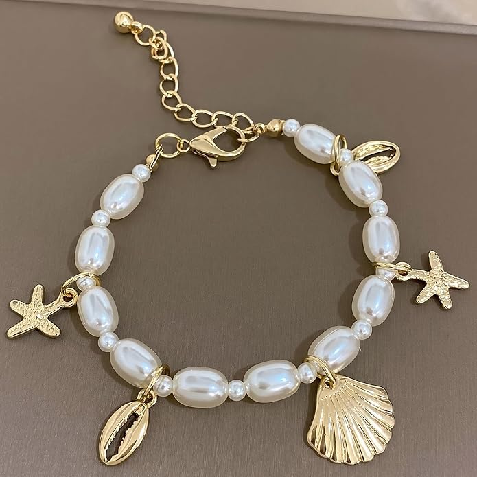 Shell Ankle Bracelet Set for Women, Gold Plated Boho Bead Adjustable Anklet, Hawaiian Beach Seashell Pearl Heart Starfish Conch Foot Jewelry Gifts