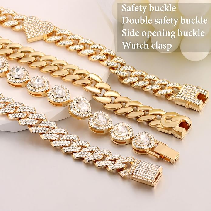 shopbyskyler 4PCS Gold Bracelets for Women Silver Clustered Tennis Bracelet for Women Heart Round Diamond Cuban Bracelet Layered Link Bracelet Set Fashion Jewelry for Women Set