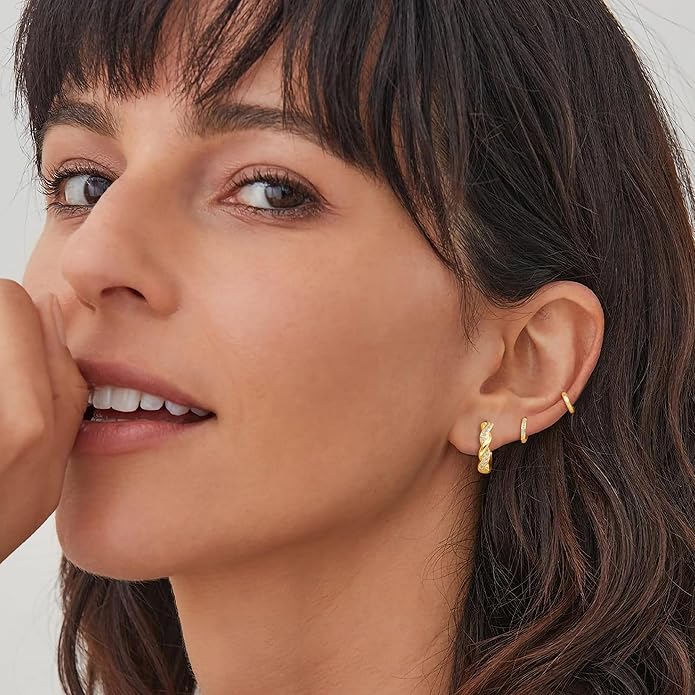 3Pairs Small Gold Huggie Hoop Earrings for Women,Romantic heart,Twisted braid two colors,3 CZ Hoop,5 Round Zircon Sport Hoops Earrings Set,14K Gold Filled Silver Hypoallergenic Earring Excellent gift