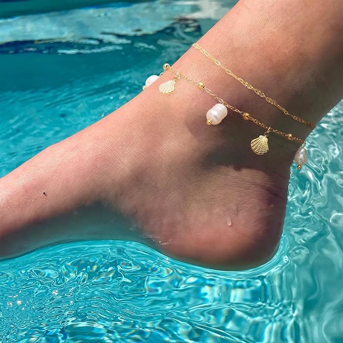 Dainty Gold Shell Pearl Charm Ankle Bracelet for Women Trendy non-Tarnish Adjustable Anklet Summer Beach Fashion Jewelry Gift