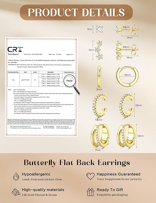 Florideco 925 Sterling Silver Earrings for Women Trendy Hypoallergenic Small Gold Hoop Earrings 14K Gold Plated Stud Earring Sets for Multiple Piercing CZ Ear Cuff Cartilage Earring Stacks