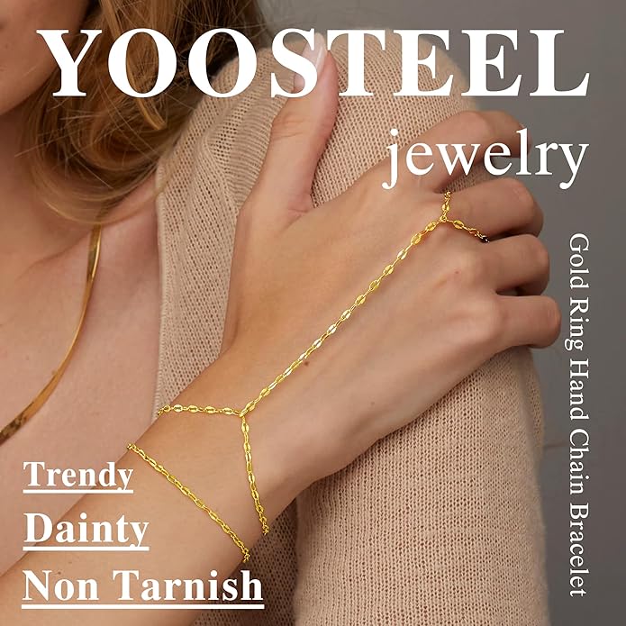 Yoosteel Hand Chain Bracelet for Women - Dainty 14K-Gold-Plated Finger Ring Hand Chains Layered Trendy Link Bracelets Jewelry Gifts for Women