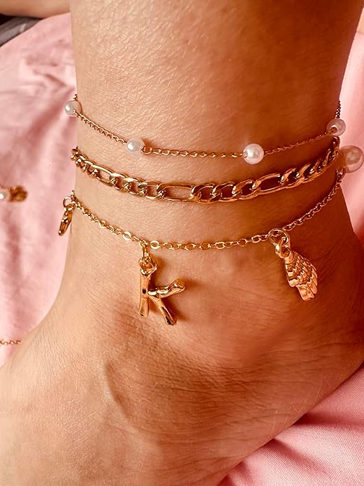 Initial Charm Anklets For Women Shell Letter Anklets Set Gold Charms Pendant Boho Summer Seashell Beach 14k Jewelry for Women Gift