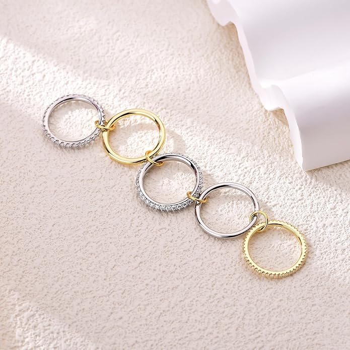 14K Gold Plated Interlocked Stackable Rings for Women Non Tarnish,Gold and Silver Cubic Zirconia Statement Rings Set,Mixed Metals Ring Two-Toned Connected Bands Stacking Jewelry