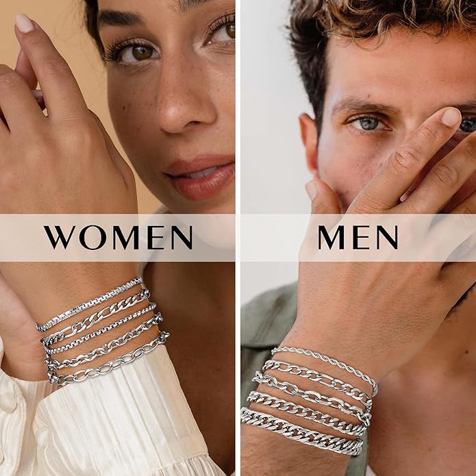 Yoosteel Mens Bracelets - Silver Chain Bracelet Stainless Steel Cuban Link Stack Bracelets Sturdy Rope Paperclip Chains Set 7.5/8.3/9 inches Trendy Jewelry for Men