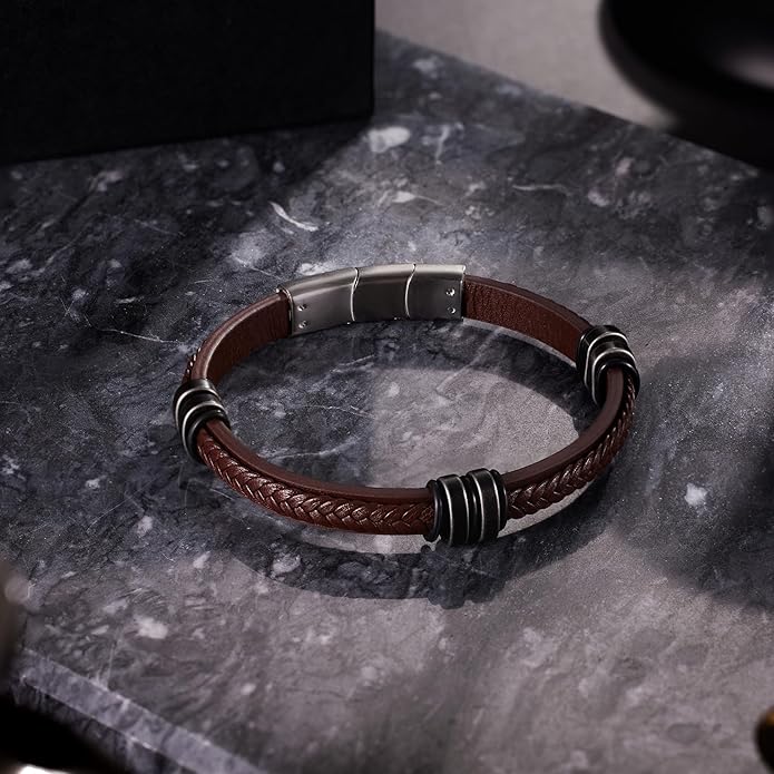 Leather Bracelet for Men with Adjustable Stainless Steel Magnetic Clasp Multi-Layer Braided Mens Leather Bracelet