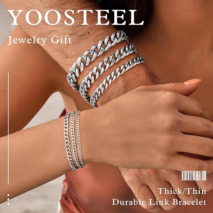 Yoosteel Mens Bracelets - Silver Chain Bracelet Stainless Steel Cuban Link Stack Bracelets Sturdy Rope Paperclip Chains Set 7.5/8.3/9 inches Trendy Jewelry for Men