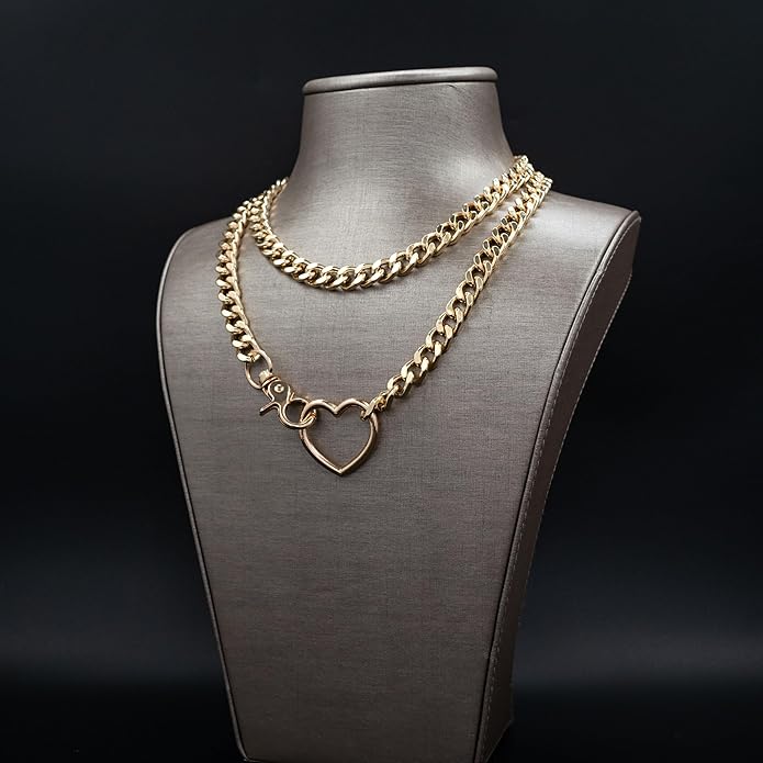 Chunky Gold Choker Necklaces for Women, Long Gold Chain Heart Necklace, 36 Inches Slip Chain Adjustable Lariat Heart Y Necklace for Women and Men, Goth Chunky Heart Necklace Jewlery Gifts