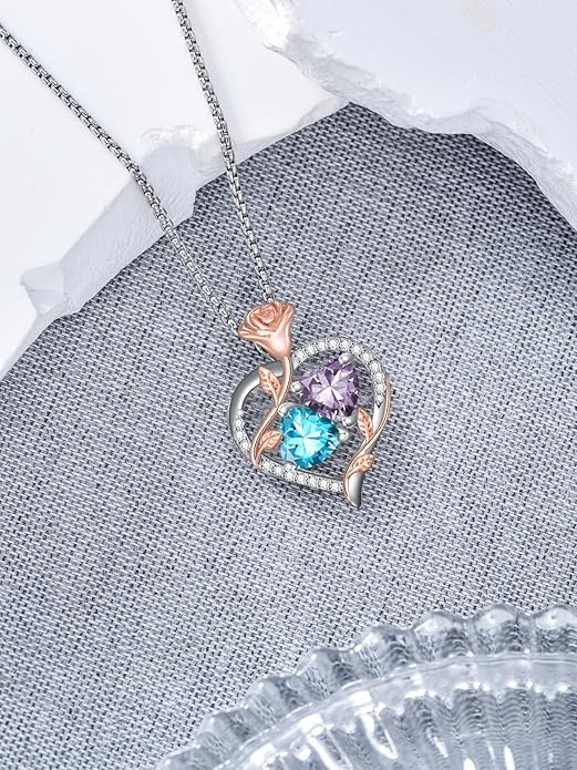 Christmas Gifts for Women Rose Heart Birthstone Pendant Necklace I Love You Forever Jewelry Valentine Mothers Day Birthday Gifts for Women Her Wife Girlfriend