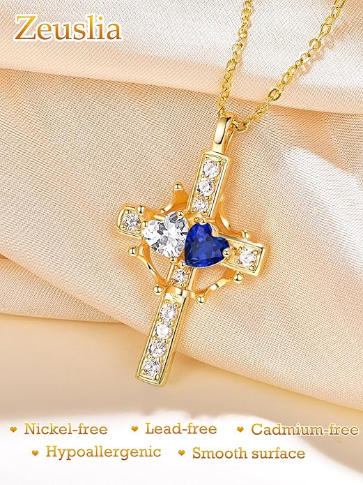 Zeuslia Double Birthstone Necklace Gifts for Wife - 925 Sterling Silver Sunflower/Rose/Crown Cross/Compass/Heart Pendant I Love You Necklace, Anniversary Birthday Gifts for Wife Girlfriend Mom Her