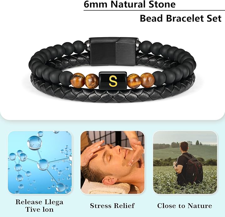 LUXEJEW Gifts for Men - Mens Bracelet, Beaded Leather Initial Bracelet 6mm Matte Agate Stone Handmade Bracelets Adjustable Stainless Steel Magnetic Clasp Mens Jewelry Gifts