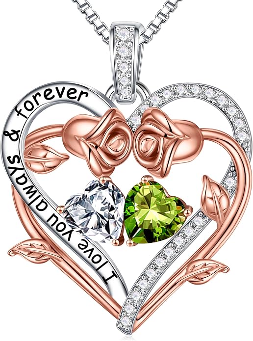 Iefil Rose Heart Double Birthstone Necklace Gifts for Wife Her Mom Women, Birthstone Jewelry Gemstone Birthday Gifts for Girlfriend Grandma Her Wife Women