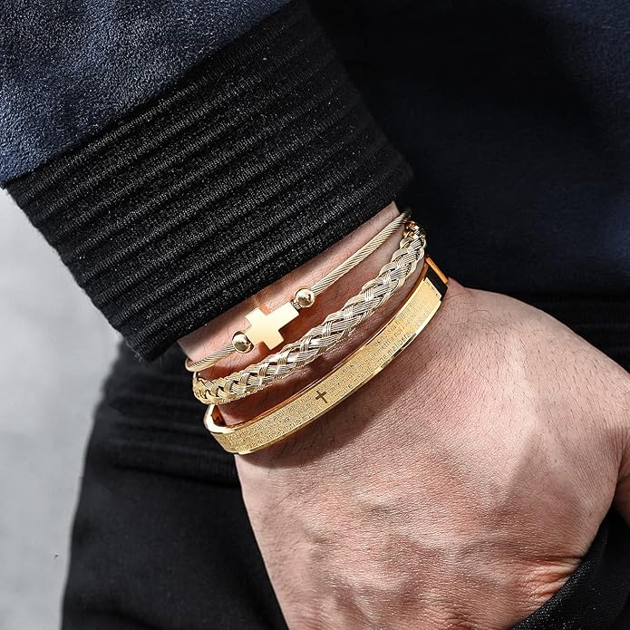 WFYOU 3PCS Stainless Steel Bracelets for Men Gold Roman Numeral Bangle Bracelet Twisted Cable Bracelet Adjustable Cuff Bracelet Mens Luxury Jewelry Bracelets Gifts