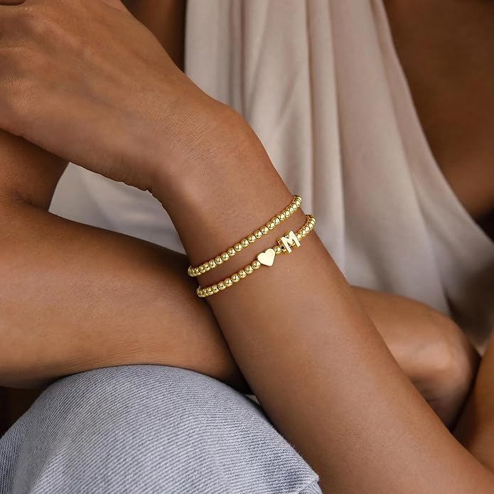 Ursteel Initial Heart Bracelet for Women - Dainty 14K Gold Plated Beaded Bracelets for Women Trendy Letter A-Z Heart Jewelry Personalized Gifts