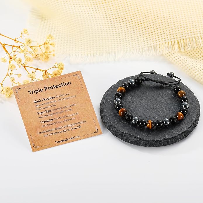 Triple Protection Bracelet for Men, Mens Black Obsidian Hematite Tiger Eye Beaded Natural Stone Evil Eye Bracelet Jewelry Gifts for Birthday Christmas