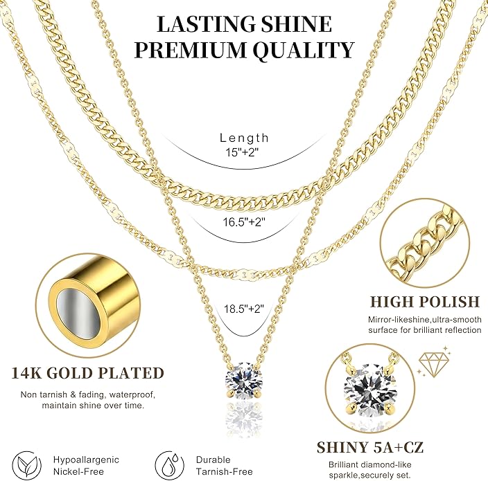 WomenGifts Layered Gold Necklaces for Women, 14K Gold Sterling Silver Plated Dainty Pendant Necklace Set with Cubic Zirconia Circle, Chunky Stackable Cuban Chain Choker, Trendy Personalized Birthstone Jewelry Gift Non Tarnish