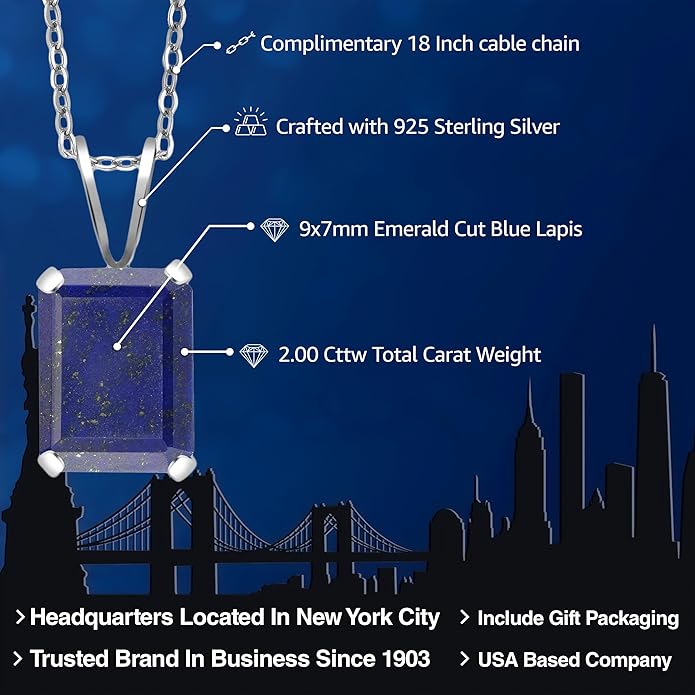 Gem Stone King Emerald Cut Pendant Necklace For Women | 925 Sterling Silver | Emerald Cut 9X7MM | Gemstone Birthstone | Fine Jewelry for Her Mom Wife | With 18 Inch Silver Chain
