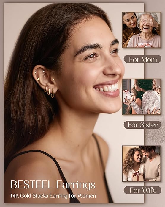 Hypoallergenic 14K Gold Plated Hoop Stud Earrings for Women Surgical Stainless Steel Flat Back Earrings Lightweight Small Chunky Huggie Hoops Cartilage Earring Stacks for Multiple Piercing Women Gifts