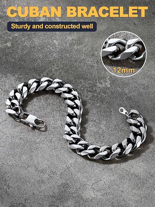 U7 Link Bracelets for Men, Cuban Link/Rope/Watch Band Solid Bracelet, Silver Black Gold Color Wrist Bracelet 3/6/9/12/15mm Width, 6.5/7.5/8.3 Inch Length, Hand Chain Jewelry for Mens Women