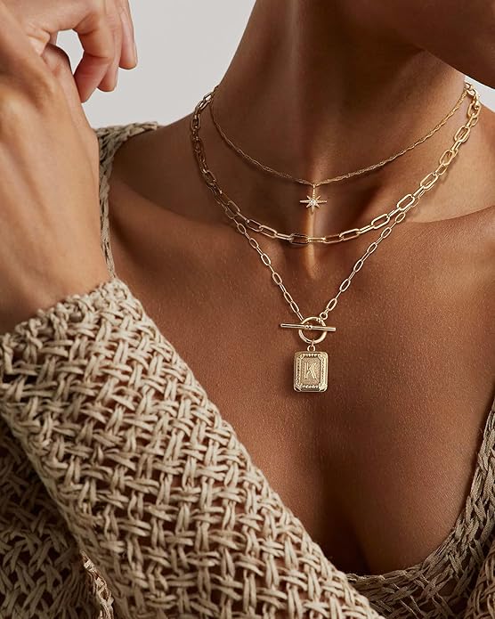 MJartoria Layered Initial Necklaces for Women Trendy, 14K Gold Plated Brass Simple Star Choker Square Letter Pendant Necklace, Paperclip Chain Necklaces Jewelry Gifts