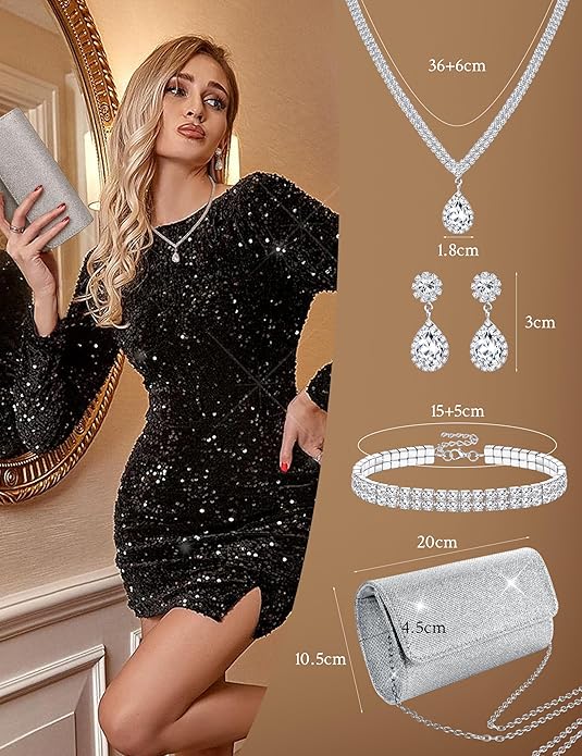 Subiceto 4Pcs Silver Clutch Purse Jewelry Set for Women Evening Rhinestone Purse Crystal Necklace Earrings Bracelets Set Silver Accessories for Women Bride Wedding Jewelry