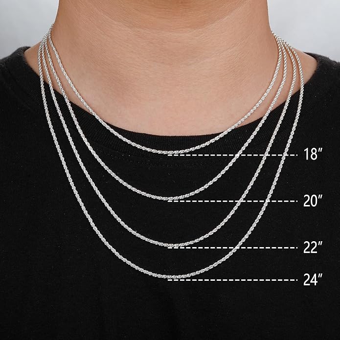 BRIJEWNES 925 Sterling Silver Clasp 2/2.5/3/4/5mm Silver Chain for Men Mens Necklace Rope Chain Necklace Diamond Cut Silver Mens Chain Necklace 16 18 20 22 24 26 28 30 Inches