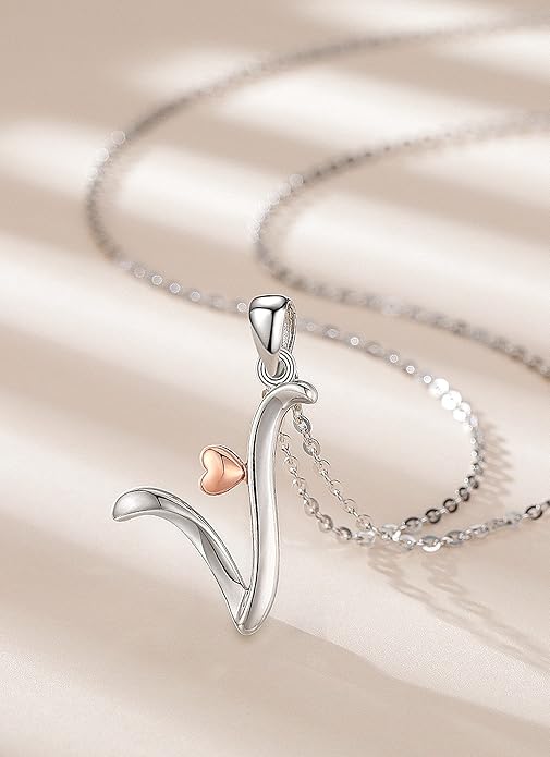 CELESTIA 925 Sterling Silver Initial Necklaces 26 Letter with Rose Gold Heart - 18 Inch Chain
