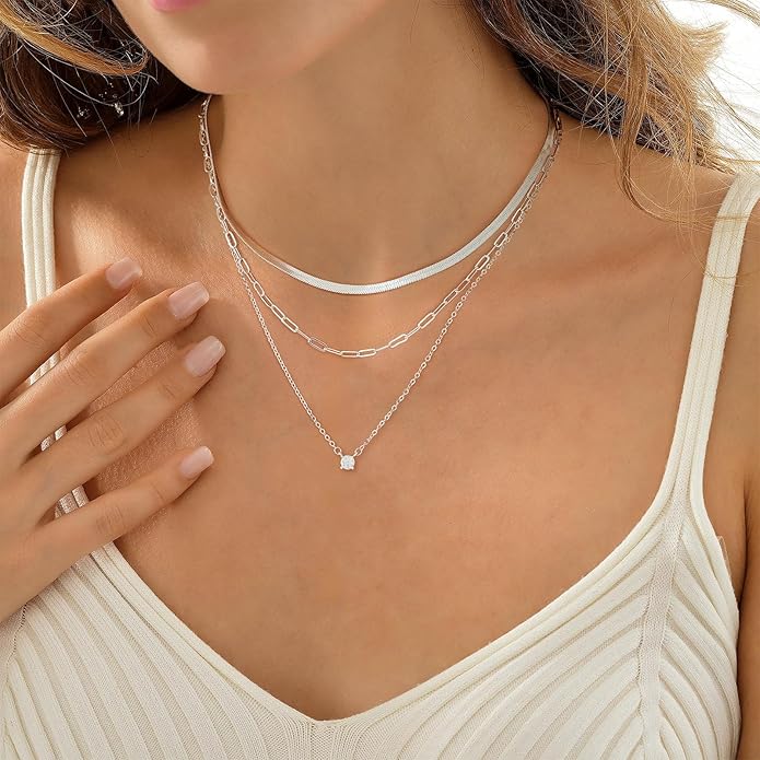 Layered Gold Necklace for Women Dainty 14K Gold/Silver Plated Stacked Necklace for Women Trendy Cuban Paperclip Herringbone Chain Diamond Pendant Necklaces Jewelry Set Accessories Gift