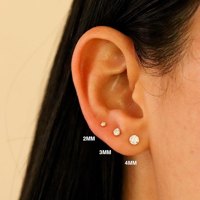 14k Gold Cubic Zirconia Stud Earrings for Women & Men (2mm-6mm Diameter) - CZ Simulated Diamond, Real Solid 14K Gold, Secure Screw Back