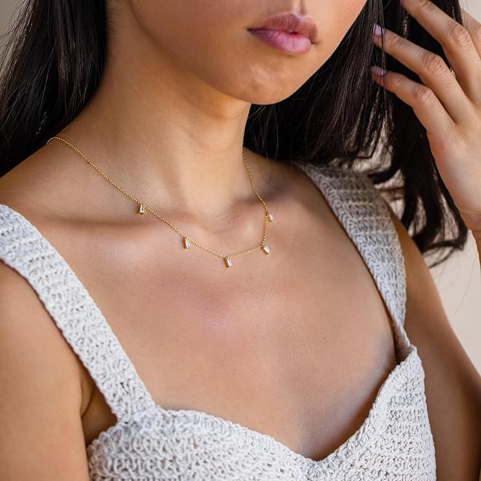 Dainty Gold Diamond Necklace for Women, 14k Gold Plated Diamond Station Choker Necklace for Women Daily & Minimalist, Gold Jewelry for Women