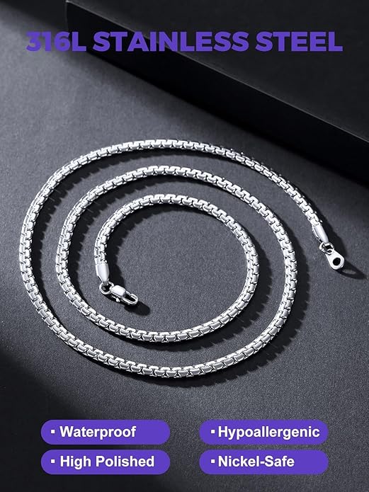 Richsteel Stainless Steel Mens Flat Link Chain Necklace, Black/Gold/Steel Chain for men, 2mm/4mm/6mm Width, No Tarnish & Hypoallergenic Hip Hop Jewelry, 18"-30" Length