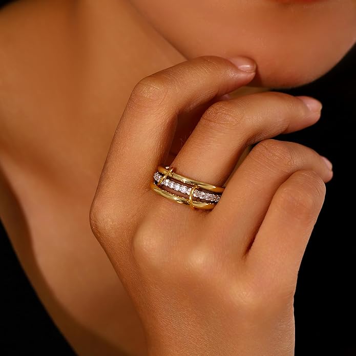 Canboer 14K Gold Plated Interlocked Stackable Rings for Women Non Tarnish,Gold and Silver Cubic Zirconia Statement Rings Set,Mixed Metals Ring Two-Toned Connected Bands Stacking Jewelry