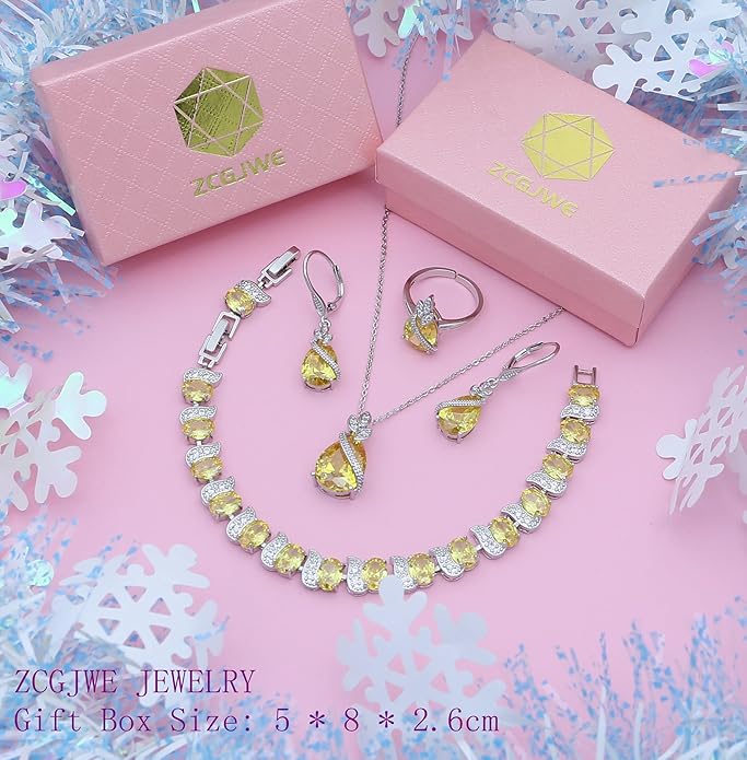 ZCGJWE Wedding Jewelry Set for Women Gem Necklace Earrings Bracelet Luxury Jewelry Set Birthday Valentine's Day Mother's Day Christmas Prom Jewelry Gift