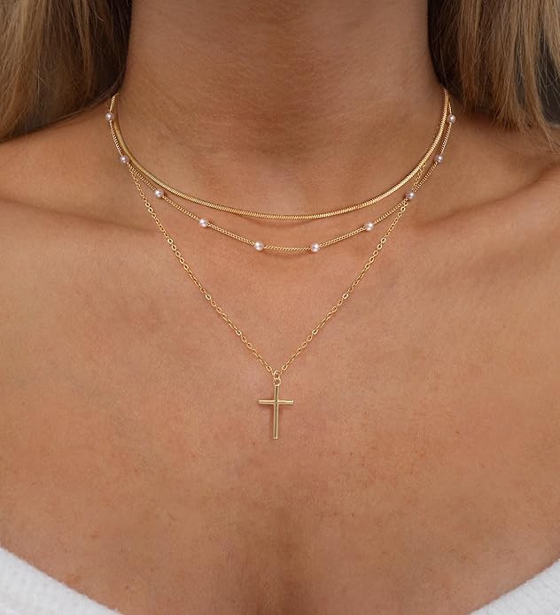 Layered Necklace for Women 14K Gold Plated Dainty Paperclip Herringbone Pearl Cross Pendant Necklace Stack，Layering Chain Cuban Figaro Rope Chain Choker Trendy Gold Jewelry Gift