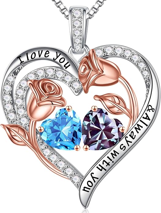 Iefil Birthstone Necklace for Women - 925 Sterling Silver Rose Heart Birthstone Necklace Birthday Anniversary Jewelry Gifts for Her Wife Mom Daughter