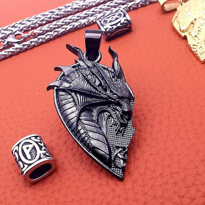 ZiWuark Matching Dragon Necklace Couples Viking Heart Necklace Jewelry for Men Women with Rune Beads