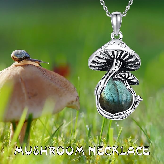 YAFEINI Mushroom Necklace Moonstone/Moss Agate/Malachite/Labradorite/Turquoise/Amber/Larimar/Black Onyx/Lapis Lazuli/Peridot/Opal Sterling Silver Mushroom Pendant Mother's Day Jewelry for Women Mom