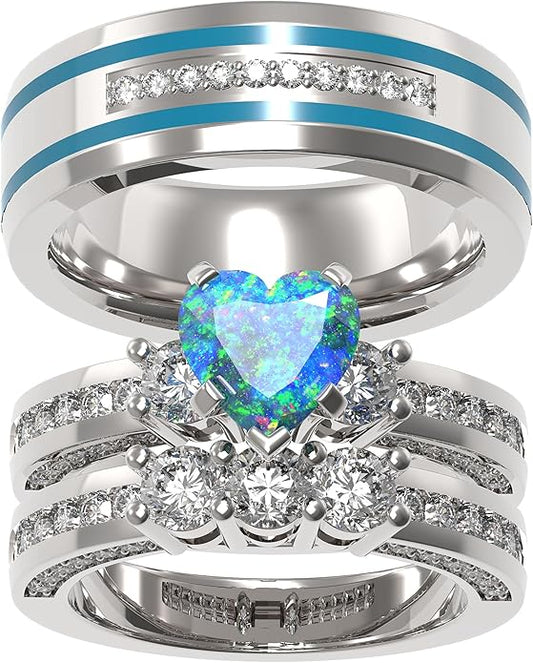 TWO RINGS Wedding Ring Sets His And Hers Promise Ring Couples Bridal Sets Women 925 Sterling Silver square Cz Man Stainless Steel Brushed Finished Wedding Bands