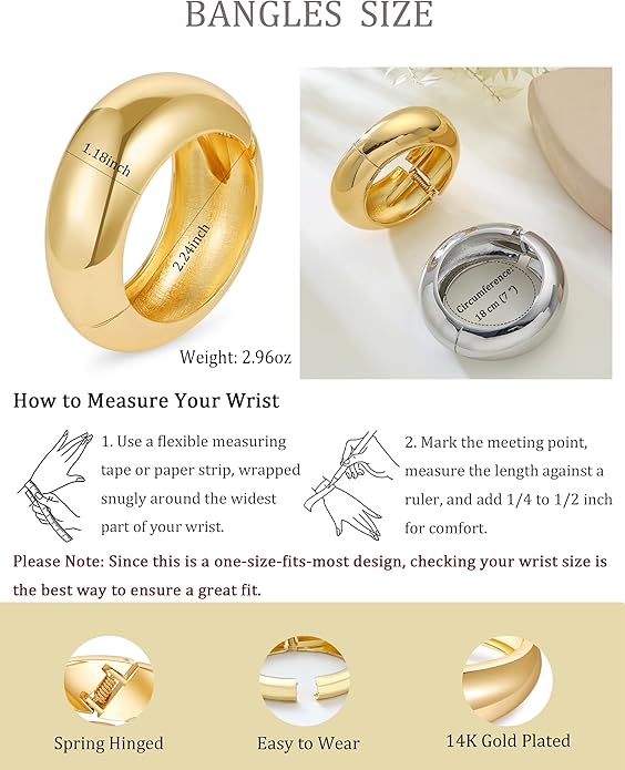 Bangle Bracelets for Women | 14K Gold Plated Trendy Wide Bracelets | Hinged Arm Cuff Bangles Chunky Bracelet for Women
