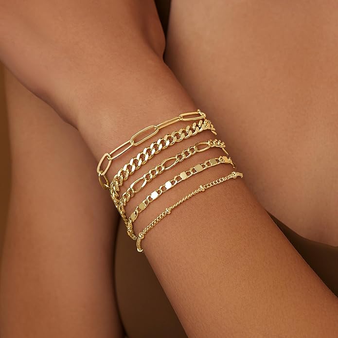 Gold Bracelets for Women Trendy,14K Gold Plated Dainty Stackable Paperclip Cuban Link Chain Bracelets, Simple Cute Cuff Bracelets Jewelry Set Adjustable 7"+2"