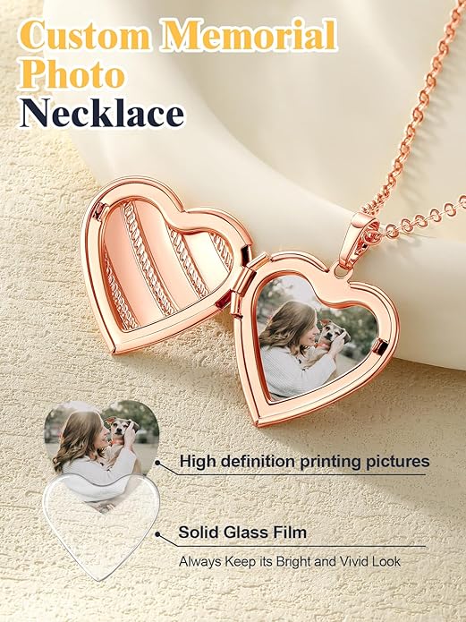 U7 Women Locket Necklace Platinum 14K Gold Photo Lockets that Hold Picture,Chain 20 Inch Personalized Gift Custom Love Heart Image Necklaces