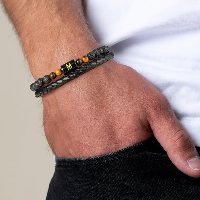 LUXEJEW Gifts for Men - Mens Bracelet, Beaded Leather Initial Bracelet 6mm Matte Agate Stone Handmade Bracelets Adjustable Stainless Steel Magnetic Clasp Mens Jewelry Gifts