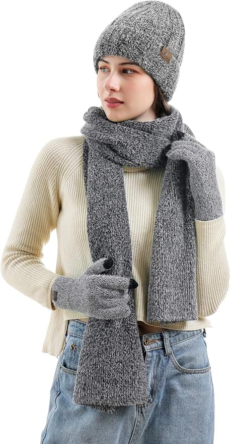 Womens Winter Warm Knit Beanie Hat Touchscreen Gloves Long Neck Scarf Set with Fleece Lined Skull Caps Gifts for Women